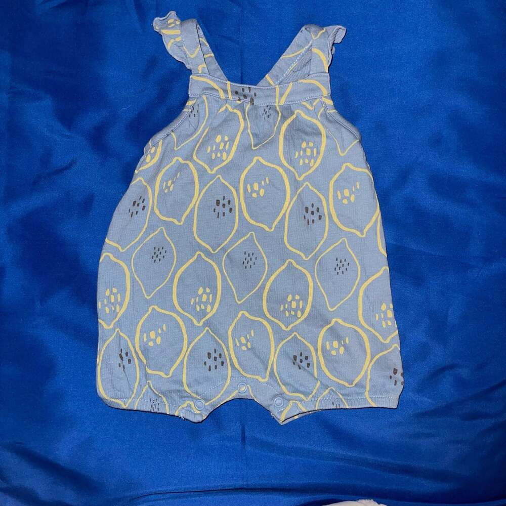 Mac & Moon Baby Girl Blue Lemon Print Ruffle Shoulder Romper, 3M